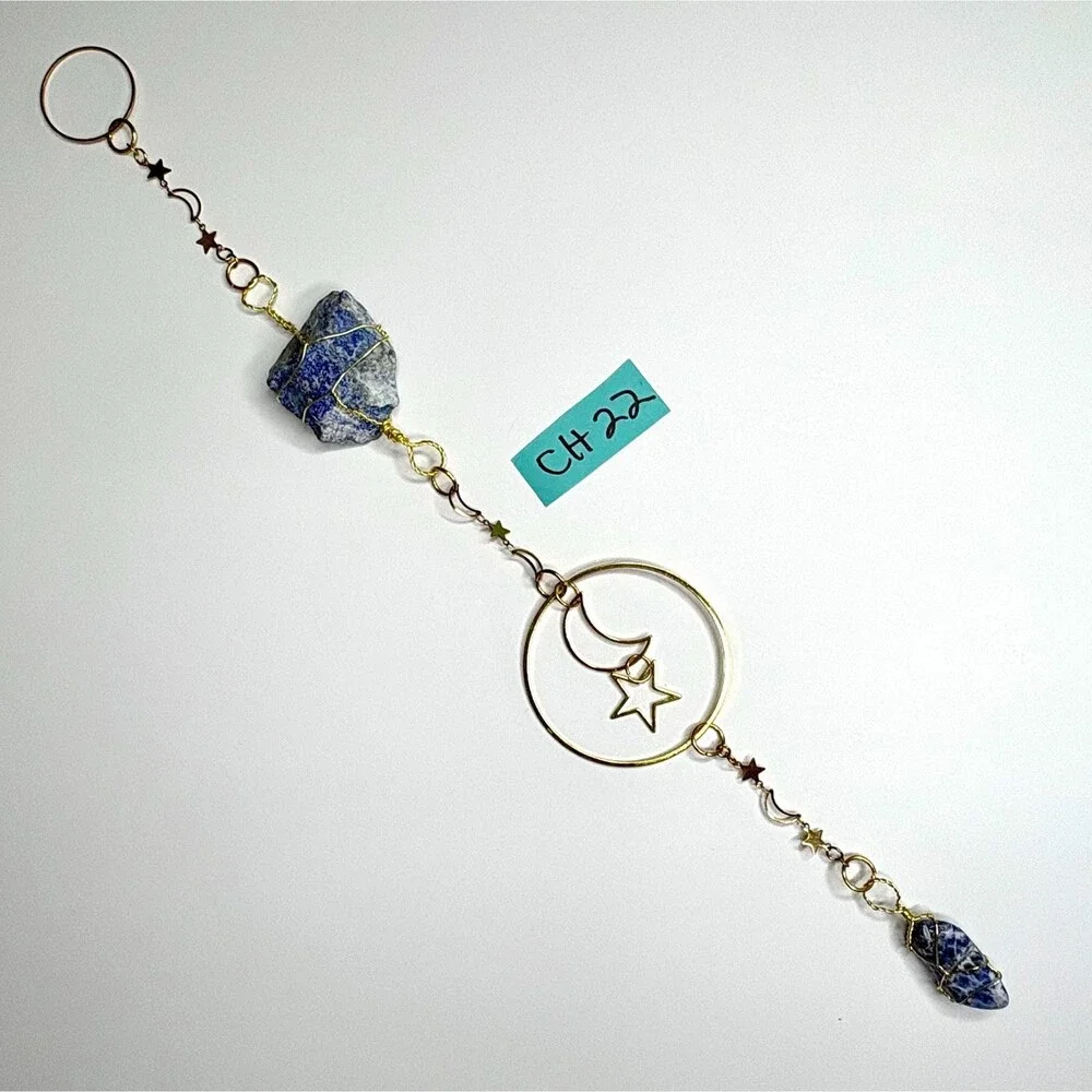 Lapis Lazuli Wall Hanging | Raw & Tumbled Stone | Gold Moon Star Circle Frame